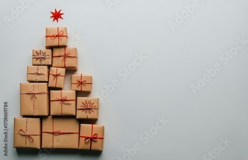 Decorative Arrangement of Gifts Resembling a Christmas Tree With Pine Branches.