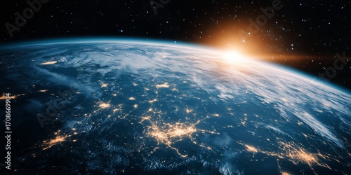 Sunrise Over Earth Captured From Space, Showcasing Vibrant Colors and City Li...