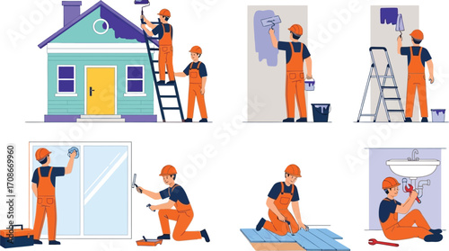 Skilled workers meticulously renovating and repairing a house, showcasing various home improvement tasks.