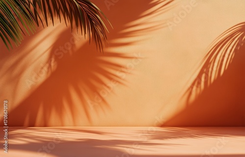 Shadows of Palm Leaves Create a Serene Atmosphere on a Warm Orange Wall at Mi...