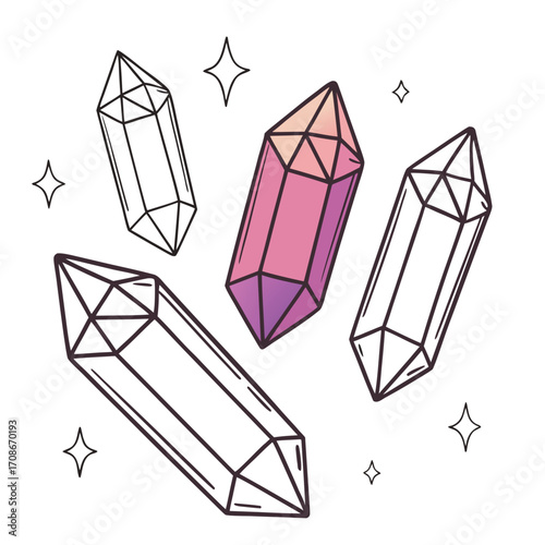 Hand Drawn Crystals And Stars On White Background gemstone mineral
