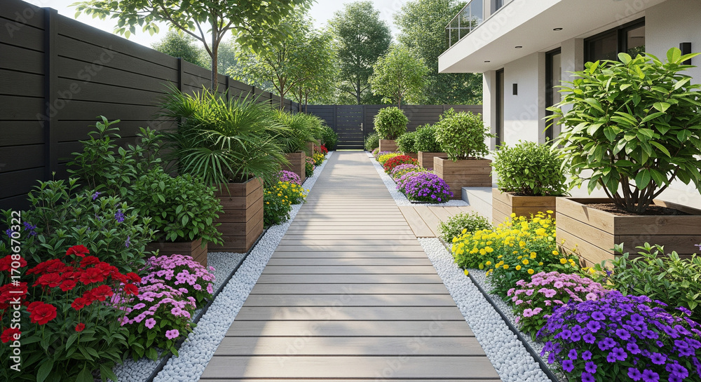 Naklejka premium A beautifully landscaped walkway, adorned with vibrant flower beds and potted plants, leading towards a modern building. The scene is bathed in natural light.