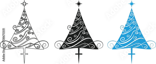 Festive stylized Christmas trees with decorative swirls and a star topper