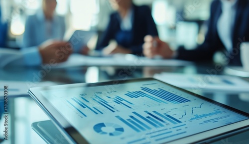 Business Meeting Showcasing Data Analysis on Tablet With Team Collaborating i...
