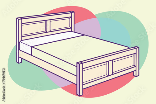 Simple Isometric Bed with Pastel Bedding and Overlapping Circles illustration
