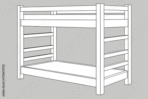 Simple Line Drawing of a White Wooden Bunk Bed on Gray Background furniture sleeping