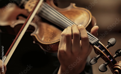 Musician Plays Violin With Skill at Evening Performance in a Cozy Venue Fille...