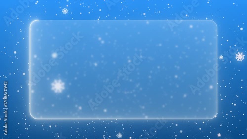 White snowflakes are falling on a blue background, in the center there is a rectangle of frosted glass with a white backlight along the contour.