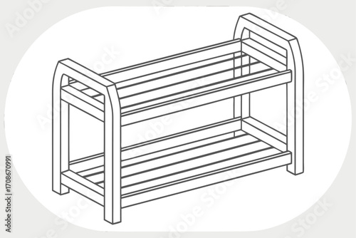 Simple Two Tier Shoe Rack Line Drawing Isometric View footwear storage furniture