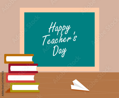 Colorful design for Teacher's Day. School background with books and paper airplane and the inscription "Happy Teacher's Day" on the school board