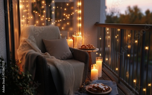 Cozy Evening on a Balcony With Soft Lighting and Sweet Treats
