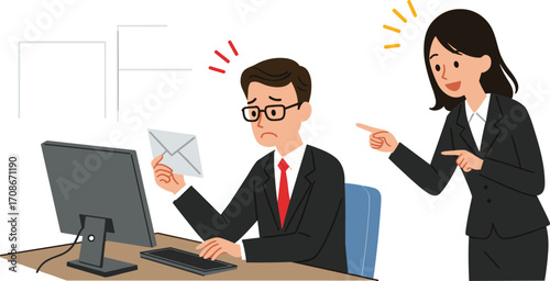 Businessman receiving bad email, office conflict, workplace mistake, angry boss pointing, employee stress, corporate pressure, professional problem solving, negative feedback