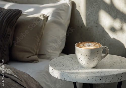 Cozy Morning Ambiance With Latte Art on Bedside Table Beside Soft Pillows and...
