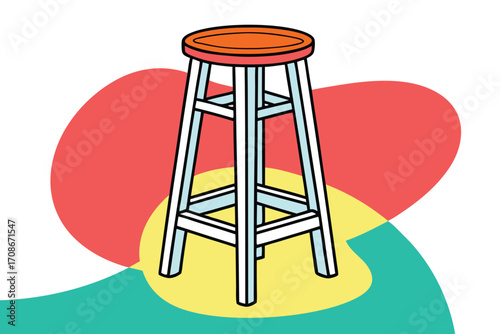 Tall bar stool with orange seat and colorful abstract shapes Keywords: stool, bar stool, furniture