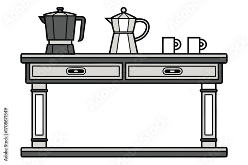 Table With Two Drawers And Coffee Makers And Cups On Top furniture mugs