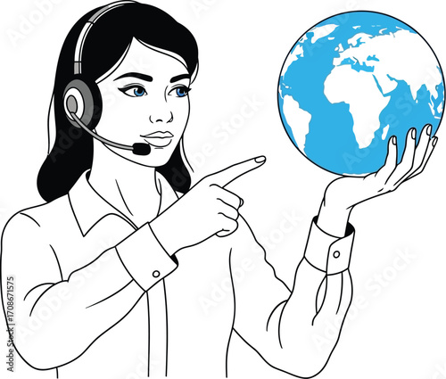 Customer service representative holding and pointing at a globe, representing global support and communication.