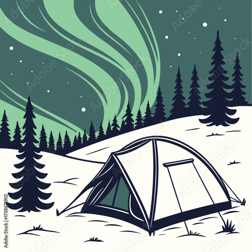 Tent Under Aurora Borealis In Snowy Forest winter night