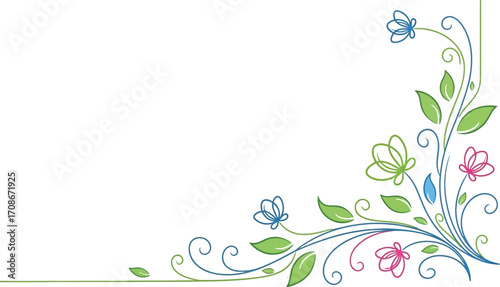 Delicate floral flourish with swirling vines and colorful blossoms on white background