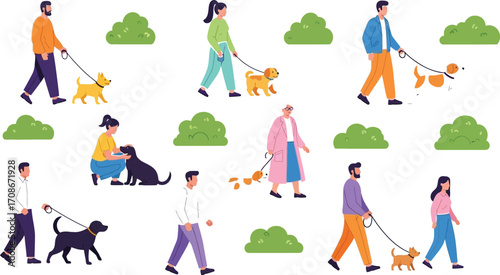 Diverse people enjoying walks with their beloved dogs in a park setting.