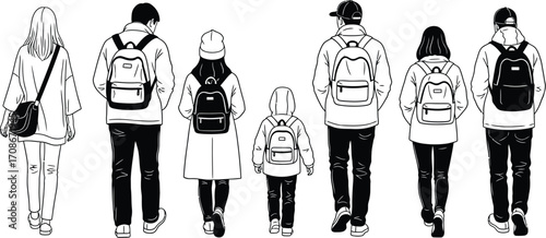 Diverse group of people with backpacks walking together, symbolizing travel and adventure