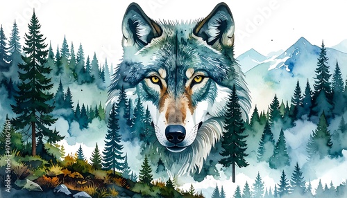Majestic Watercolor Wolf in Misty Mountain Forest