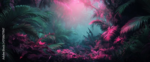 Mysterious Tropical Forest With Colorful Plants and Soft Light in a Serene Landscape.