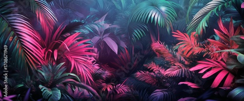 Vibrant Tropical Foliage in an Enchanting Forest Setting During the Evening
