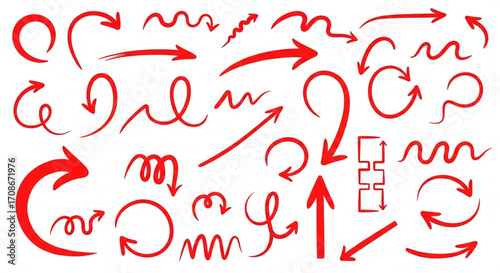 Hand-drawn red vector arrows with a casual aesthetic, perfect for directing attention or indicating flow.