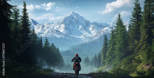Motorcycle Rider Exploring Forested Mountain Trails in a Scenic Landscape