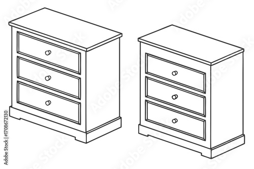 Two isometric outline drawings of three-drawer nightstands with round knobs bedside table furniture