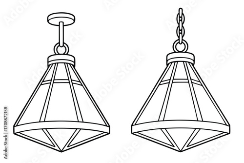 Two line art drawings of geometric pendant light fixtures lighting chandelier