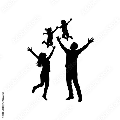 Joyful family celebrating pure happiness with children leaping high into the air