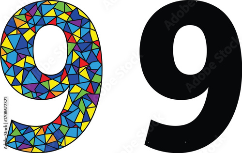Number nine filled with colorful geometric shapes art