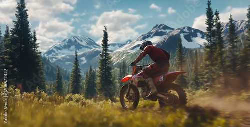 Rider on Dirt Bike Navigating Through Lush Forest Scenery With Mountains in B...