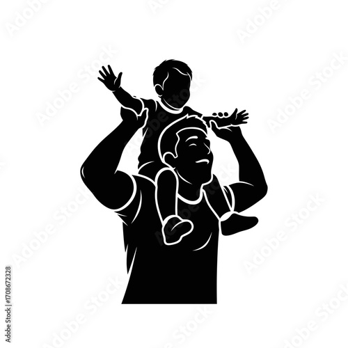Joyful father carries child on shoulders, creating cherished bonding moments and family memories