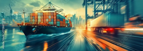 Cargo Ship Transporting Containers in Bustling Port at Dusk With City Skyline...