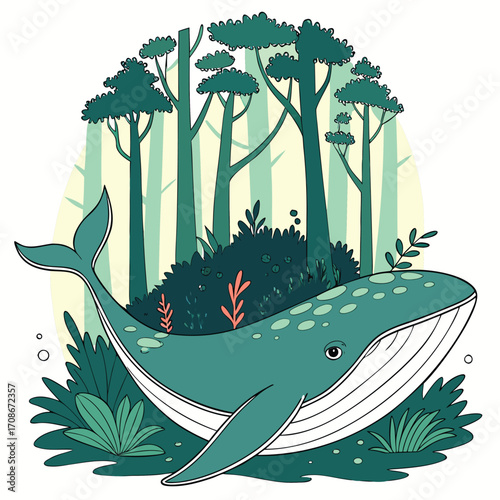 Whimsical whale in a forest clearing with tall trees and lush foliage ocean