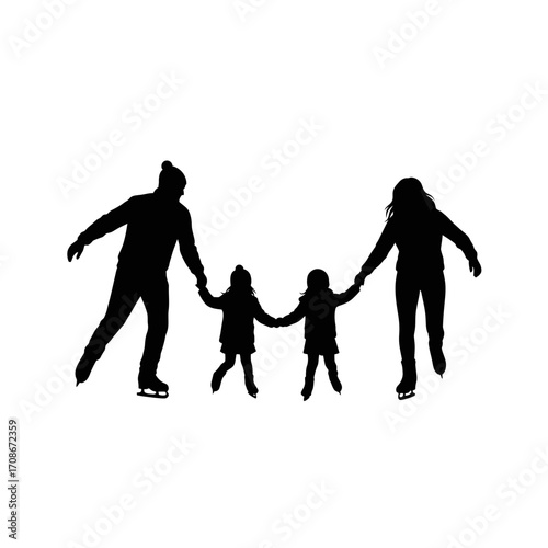 Joyful family ice skating together holding hands for winter fun and outdoor activity