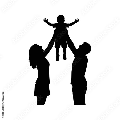 Joyful parents toss happy child in the air creating cherished family memories and fun