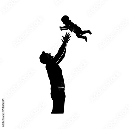 Joyful father tosses baby into air celebrating family fun and precious childhood moments together