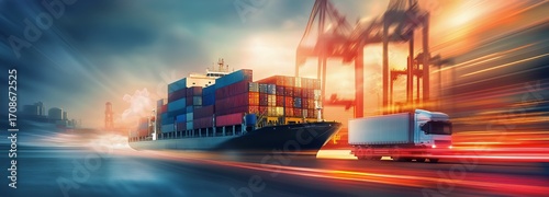 Cargo Ship Transporting Containers in Bustling Port at Dusk With City Skyline...