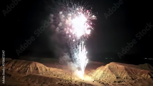 Fireworks explode over a desert landscape at night