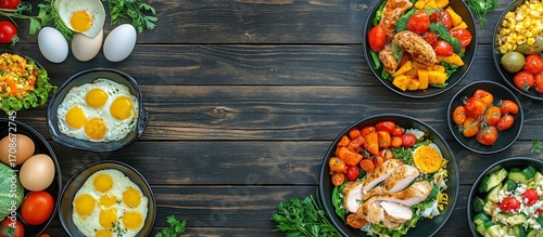 Colorful Food Display Featuring Fresh Ingredients and Cooked Dishes on a Wood...