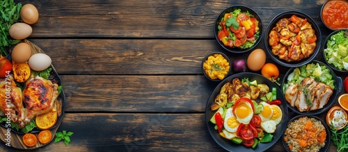 Colorful Food Display Featuring Fresh Ingredients and Cooked Dishes on a Wood...