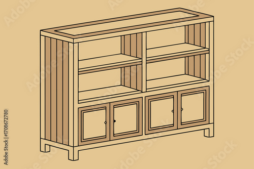 Wooden Bookcase with Four Doors and Open Shelves bookshelf cabinet