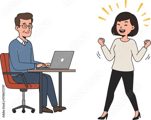 Office worker typing on laptop, excited woman celebrating success, teamwork achievement, business success concept, modern workplace, happy employees