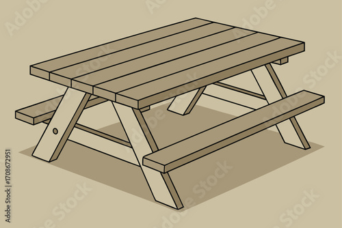 Wooden Picnic Table With Attached Benches In Isometric View outdoor furniture park bench
