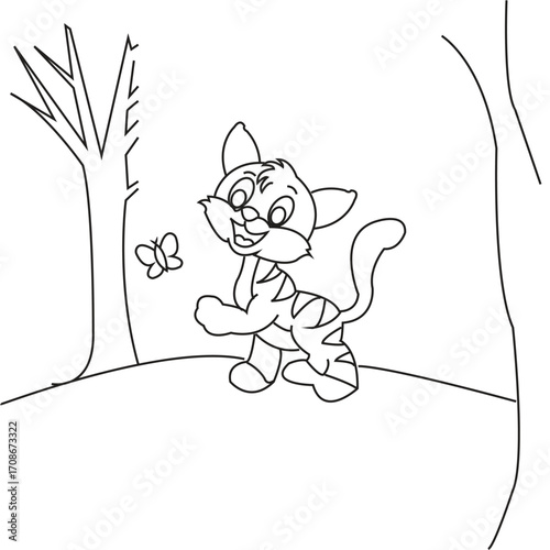 Cat Sitting on Tree Branch  Cute Animal Outline Illustration