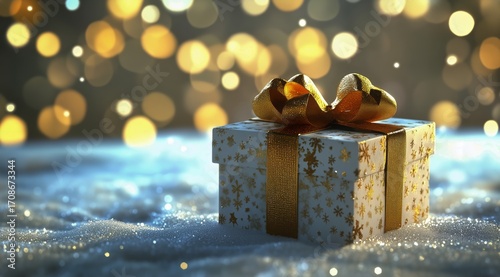Beautiful Gift Box With Gold Ribbon on Snowy Surface During Winter Holiday Se...