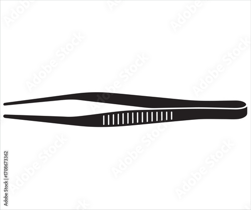 Black silhouette of precision tweezers isolated on white background, medical tool vector illustration for healthcare, laboratory, cosmetic, surgery, science, electronics, and beauty applications